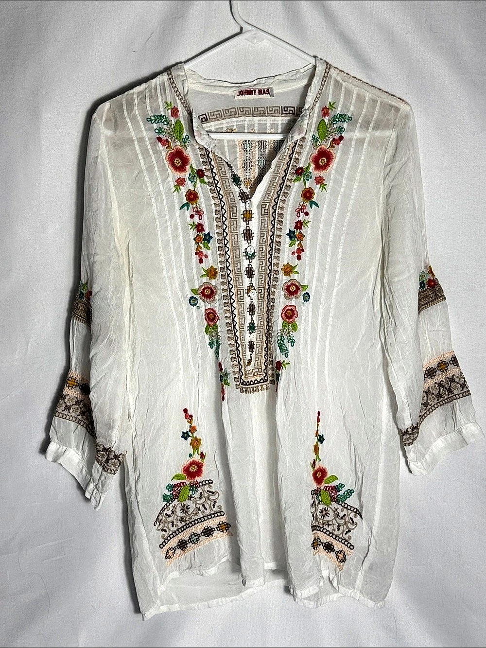 Johnny Was White Rayon Embroidered Floral Tunic Boho Blouse Size Small